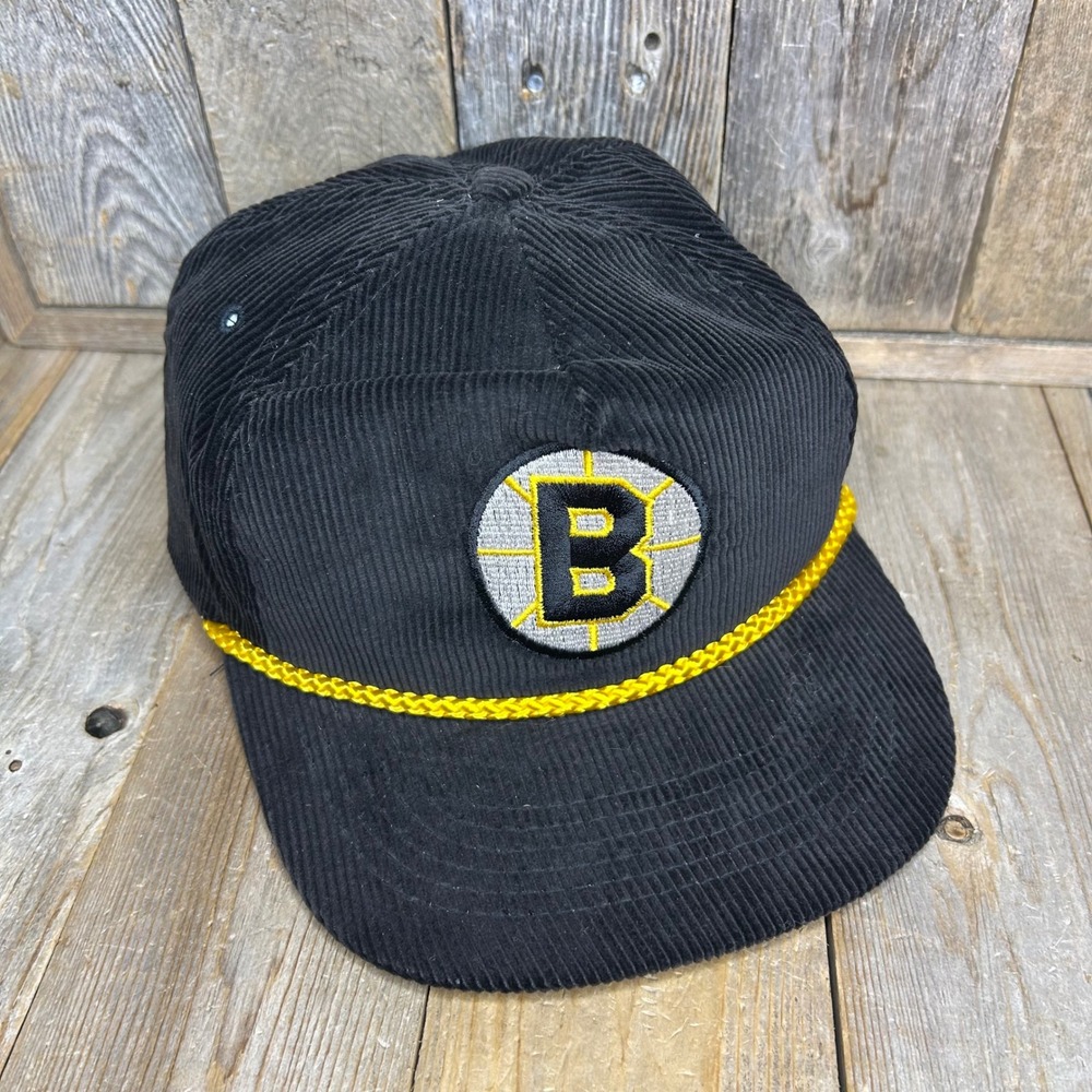 Boston Bruins NHL Black Corduroy Rope Snapback Hat Vintage Embroidered Cap